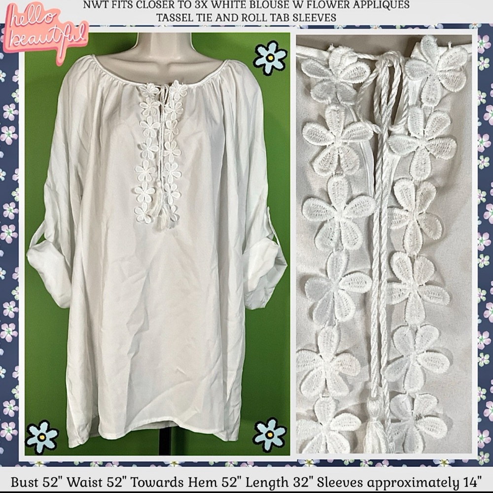 NWT WHITE LIGHTWEIGHT BLOUSE W FLORAL APPLIQUÉ &TASSEL TIESFITS CLOSER TO 3X